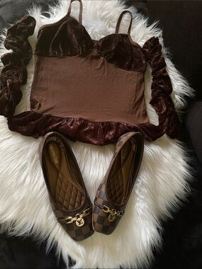 Velvet Brown Ruffle Cami with Matching Arm Warmers sleeves made in Evrope